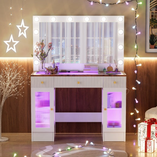 43.3 Vanity Desk With Large Mirror And Hollywood Bulbs, Modern Glass Top Makeup Vanity With Drawers And Power Outlet, Large Dressing Table With 3 Color Lighting Modes & RGB Cabinets For Bedroom