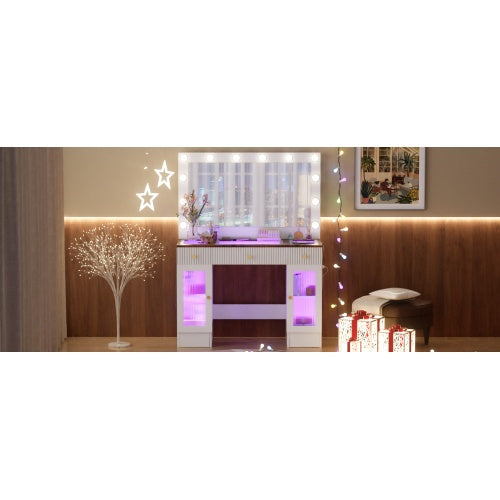 43.3 Vanity Desk With Large Mirror And Hollywood Bulbs, Modern Glass Top Makeup Vanity With Drawers And Power Outlet, Large Dressing Table With 3 Color Lighting Modes & RGB Cabinets For Bedroom
