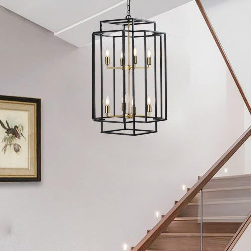 8 Lights Black & Gold Lantern Tiered Chandelier, Industrial Farmhouse Chandelier - No Bulbs Unavailable Platform- Temu