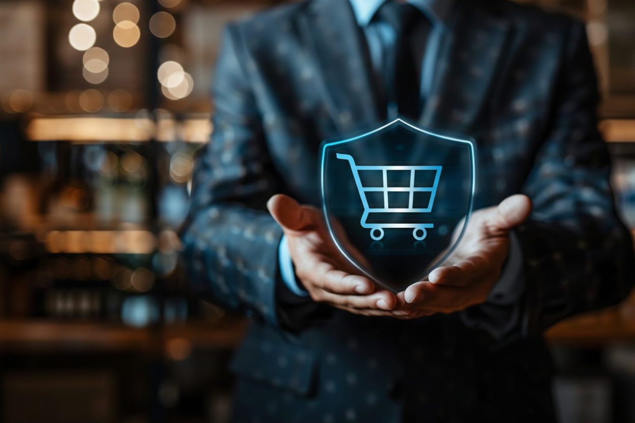 Placeholder image with a person holding a shield over a shopping cart icon, used for AI-generated content.